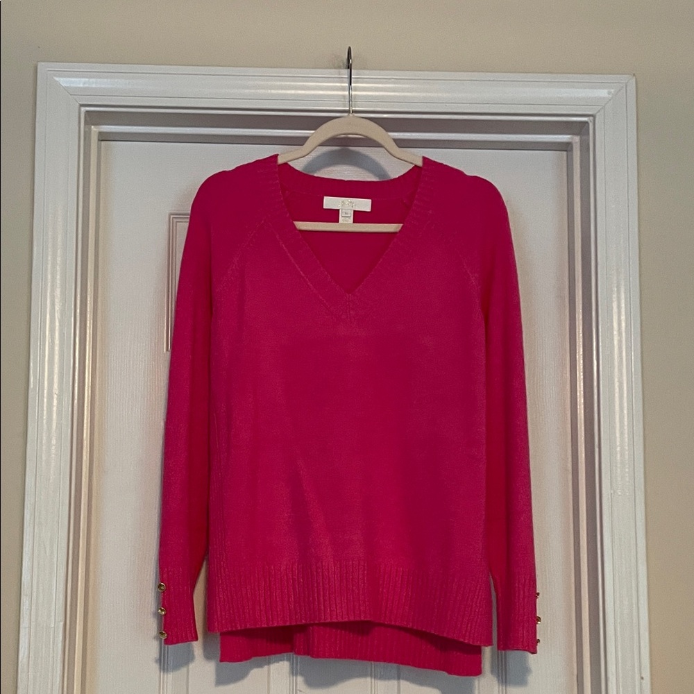 Lilly Pulitzer Bright Pink V-Neck Sweater Hi Lo Hem & Logo Cuff Buttons Medium
